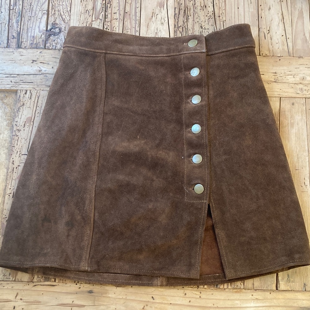 Brown Suede Asymmetrical Button-Front Skirt